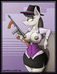 2015 absurd_res anthro anthrofied areola big_breasts black_border border breasts clothed clothing earth_pony equid equine erect_nipples fedora female friendship_is_magic gun hasbro hat headgear headwear hi_res horse mammal my_little_pony nipples octavia_(mlp) open_clothing open_shirt open_topwear pony purple_eyes ranged_weapon shirt solo sparkdraws submachine_gun thompson_gun topwear unbuttoned weapon wide_hips