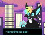 2019 2_frame_animation aliasing animated anthro black_clothing black_hoodie black_topwear blinking blue_eyes blue_inner_ear blue_nose blue_pawpads blue_sclera blue_text building city clothed clothing cloud detailed_background digital_drawing_(artwork) digital_media_(artwork) domestic_cat ear_tuft english_text fake_screencap felid feline felis freckled_face freckles grin hair handpaw hoodie jaspering male mammal multicolored_hair outside pawpads paws pupils purple_cloud purple_sky rainbow_hair sky slit_pupils smile snout solo sunset teeth text text_box topwear tuft visual_novel_interface