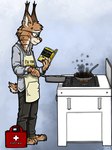 2023 anthro arten_reichtum bad_guy_cafe blue_eyes book brown_body brown_fur cook cooking felid feline first_aid_kit fur kitchen lynx male mammal medical_instrument scientific_instrument solo spots tan_body tan_fur white_body white_fur ziegelzeig