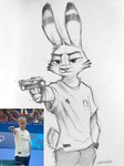 2024 2024_paris_olympics 3:4 aiming anthro biped clothed clothed_anthro clothed_male clothing dated disney foxinkartist front_view fur greyscale gun half-length_portrait handgun hi_res holding_gun holding_handgun holding_object holding_pistol holding_ranged_weapon holding_weapon jack_savage lagomorph leporid male male_anthro mammal monochrome olympics pistol portrait rabbit ranged_weapon reference_image signature solo standing traditional_media_(artwork) weapon yusuf_dikec zootopia