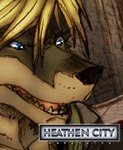 2007 anthro ayato black_nose blonde_hair blue_eyes brown_body brown_fur canid canine canis clothing distasty english_text fur green_clothing green_shirt green_topwear hair heathen_city low_res male mammal open_mouth owen_zelazny shirt solo tan_body tan_fur text tongue_showing topwear wolf