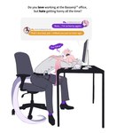 absurd_res anthro bassenji bassenji_(character) bottomwear chair clothed clothing computer desk dialogue electronics english_text erection erection_under_clothing fully_clothed furniture hair hi_res male nonbinary_(lore) pants pink_hair ponytail shirt solo table text topwear trans_(lore) trans_man_(lore)