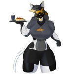 abs anthro anthrofied bellabot big_breasts bottomwear breasts clothing crop_top domestic_cat fan_character felid feline felis female food hi_res krypto_key_info95 machine mammal multicolored_body orange_eyes pudu_robotics robot screen screen_face shirt shorts solo spats topwear