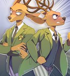 anthro antlers beastars blush blush_lines cheek_tuft clenched_teeth clothing deer facial_tuft fur grey_background half-closed_eyes heresvix hi_res horn louis_(beastars) male mammal narrowed_eyes necktie school_uniform simple_background solo teeth tuft uniform yellow_body yellow_fur