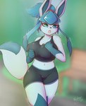 anthro anthrofied athletic_wear big_breasts blue_body bodily_fluids bottomwear breasts canid clothed clothing digital_media_(artwork) eeveelution female generation_4_pokemon glaceon glaceon_day gym_bottomwear gym_shorts hair hi_res jogging jogging_outfit jogging_pants mammal nachan nintendo open_mouth pokemon pokemon_(species) pokemorph shorts simple_background solo sweat sweatdrop sweaty_legs sweaty_thighs tail topwear