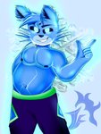 anthro areola bear belly big_belly black_sclera blue_body blue_bottomwear blue_clothing blue_ears blue_eyes blue_fur blue_hair blue_nipples blue_pants bottomwear clothed clothing crotch_lines fluffy_ears fur glowing glowing_eyes grin hair half-closed_eyes hand_on_hip hi_res ice jflare205 kirene_yukira_(jflare205) looking_at_viewer male mammal musclegut muscular narrowed_eyes navel nipples overweight overweight_male pants pecs slightly_chubby smile snowflake solo thigh_window topless watermark