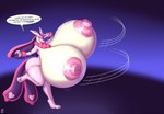 absurd_res anthro areola badgerben big_breasts big_butt blues64 breasts butt english_text exclamation_point female gesture hand_gesture hi_res huge_breasts hyper hyper_breasts looking_at_viewer lovander multicolored_body nipples nude open_mouth pal_(species) palworld pink_areola pink_nipples pocketpair purple_eyes solo speech_bubble text thick_thighs two_tone_body v_sign