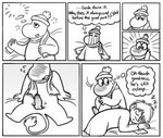 anthro aroused balls beanie blush bodily_fluids clothing comic dialogue duo english_text erection eyes_closed foreskin genitals hat headgear headwear human humanoid_genitalia humanoid_penis inner_monologue itsamehornio lying male mammal monochrome moomin moomintroll mostly_nude nervous on_back penis scarf sleeping sleepwear snufkin tears text the_moomins thinking thought_bubble troll_(mythology) waking_up wet_dream