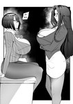 absurd_res big_breasts black_hair bottomwear breasts cleavage clothed clothing comic crossed_arms desk dialogue duo eyewear female furniture glasses hair hi_res human human_only legwear long_hair looking_at_another mammal monochrome not_furry pantyhose puzenketsu shirt sibling_(lore) sister_(lore) sisters_(lore) sitting skirt speech_bubble standing table teacher topwear