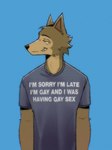 2024 3:4 anthro beastars biped black_eyes black_nose blue_clothing blue_shirt blue_topwear brown_body brown_fur canid canine canis clothed clothing digital_drawing_(artwork) digital_media_(artwork) english_text front_view fur grin half-closed_eyes hi_res humor legoshi_(beastars) looking_at_viewer male mammal multicolored_body multicolored_fur narrowed_eyes print_clothing print_shirt print_t-shirt print_topwear sharp_teeth shirt short_sleeves simple_background smile solo soulfullhyena standing t-shirt tan_body tan_fur teeth text text_on_clothing text_on_shirt text_on_topwear topwear two_tone_body two_tone_fur wolf