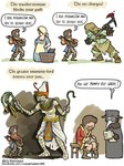 animal_mask anthro bard beak_mask clothing comic dialogue english_text female hi_res human lute male mammal mask mummy musical_instrument niels_vergouwen not_furry orc plucked_string_instrument simple_background string_instrument text undead weapon