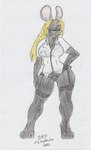 absurd_res anthro big_breasts black_body black_fur blonde_hair bottomwear breasts clothed clothing dirtyredpaint eyewear female fishnet_clothing fishnet_legwear fur glasses hair hi_res lagomorph legwear leporid mammal pygmy_rabbit rabbit simple_background solo stockings thick_thighs translucent translucent_clothing underwear wide_hips