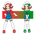 1:1 5_fingers blush bow_ribbon brown_hair clothed clothing doppleganger duo female fingers footwear front_view frown green_background green_bow hair hand_on_hip hat headgear headwear human human_only ivanks knee_highs legwear looking_at_viewer looking_away lyra_(pokemon) mammal medium_hair nintendo not_furry overalls pokeball pokemon pupils red_background red_eyes red_ribbon shoes simple_background slit_pupils smile standing white_background white_body white_skin