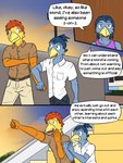 3:4 anthro avian bird bluebird bottomwear chicken clothed clothing comic dialogue dress_shirt duo english_text fully_clothed fuze galliform gallus_(genus) hi_res johnny_(texnatsu) josh_oliver looking_at_another looking_at_partner male male/male oscine pants passerine phasianid shirt sunset texnatsu text thrush_(bird) topwear