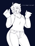 anthro avian bird blush blush_lines bottomwear breasts clothing curvy_figure denim denim_bottomwear denim_clothing dracozhilla encouragement female happy hi_res humanoid jeans martlet_(undertale_yellow) pants shirt solo tank_top topwear undertale_yellow wide_hips wings