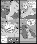 2023 absurd_res anthro axismarcy balls bear blush bodily_fluids comic duo erection eyewear genitals glasses heart_eyes heart_symbol hi_res hug humanoid_hands kissing male mammal monochrome padre_(unicorn_wars) penis sargento_caricias sex sweat text translation_check translation_request unicorn_wars