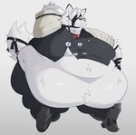 anthro belly big_belly big_butt black_bottomwear black_clothing black_pants black_topwear black_vest bottomwear butt calebcorduroy canid canine canis classy clock clothing fluffy fluffy_tail fur gentleman hand_behind_head hi_res huge_belly looking_at_viewer male mammal mihoyo moobs obese obese_anthro obese_male overweight overweight_anthro overweight_male pants pocketwatch red_eyes shirt solo standing straps tail thick_thighs tight_clothing topwear vest von_lycaon watch white_belly white_body white_clothing white_fur white_shirt white_topwear wolf zenless_zone_zero