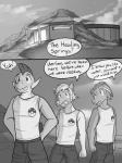 3:4 anthro anthrofied bottomwear clothed clothing comic dialogue electrike english_text fully_clothed fuze gao_(fuze) generation_3_pokemon greyscale hi_res jolt_(fuze) male marshtomp monochrome night nintendo open_mouth outside pawl_(fuze) pokemon pokemon_(species) pokemorph poochyena shirt shorts standing tank_top text topwear