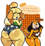 2024 animal_crossing anthro big_breasts big_butt blush bodily_fluids breasts butt canid canine canis cel_shading clothed clothing collar colored dialogue digital_media_(artwork) domestic_dog drooling duck_hunt duck_hunt_dog duo english_text female floppy_ears fur hi_res huge_butt huntress_(lewdewott) isabelle_(animal_crossing) lewdewott looking_back mammal nintendo one_eye_closed open_mouth orange_body orange_fur pattern_clothing pattern_topwear pattern_underwear saliva shaded shih_tzu simple_background speech_bubble spiked_collar spikes tail text thick_thighs tongue tongue_out topwear toy_dog underwear white_background wink yellow_body yellow_fur