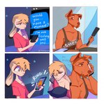 4_panel_comic anthro blonde_hair bodily_fluids border brown_body brown_fur bunny_boyfriend canid canine canis cellphone chin_tuft clothing crying dog_boyfriend domestic_dog duo ears_down electronics english_text eyes_closed facial_tuft femboy fur hair half-closed_eyes heresvix hi_res hug hugging_object hugging_pillow lagomorph leporid male mammal narrowed_eyes phone pillow pivoted_ears rabbit shirt smartphone sound_effects t-shirt tank_top tears text topwear tuft white_body white_border white_fur wide_eyed