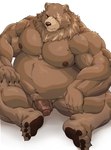 absurd_res anthro balls bear belly ben_bigger brown_body brown_fur erection facial_scar foreskin fur genitals hi_res humanoid_genitalia humanoid_penis male mammal mihoyo missing_eye musclegut muscular navel negitsururu nipples nude overweight overweight_male pawpads pecs penis scar simple_background sitting solo white_background zenless_zone_zero