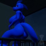 2021 3d_(artwork) anthro balcony big_breasts blender_(artwork) blue_body blue_scales blue_skin breasts butt digital_media_(artwork) featureless_breasts female herm_(lore) intersex_(lore) june_(justathereptile) justathereptile komodo_dragon lizard monitor_lizard night non-mammal_breasts nude outdoor_nudity outside railing red_eyes reptile scales scalie scutes sitting sitting_on_railing sky solo star tail wall_(structure) watermark