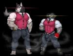 anthro beard biceps bovid bulge canid canine canis caprine cigar clothed clothing cosplay duo facial_hair garrett_(vicpagani) male mammal muscular muscular_male mustache pecs smile smoke standing strange_flesh the_bartender_(strange_flesh) tight_clothing tilionmaia tillion wolf