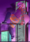 anthro arcanine bottomless building butt clothed clothing evening female footwear funny_post_number fur generation_1_pokemon hi_res legwear nintendo pickles-hyena pokemon pokemon_(species) skyscraper socks solo striped_body striped_fur stripes thigh_highs thigh_socks