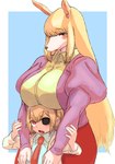 anthro big_breasts biped blonde_hair blush boob_hat borzoi bottomwear breasts brown_eyes brown_nose canid canine canis clothed clothing coat domestic_dog duo eyebrow_through_hair eyebrows female foxtail_hakase fully_clothed fur hair hi_res huge_breasts human hunting_dog inner_ear_fluff jacket kemofujin kemofujin_(comic) kemono lab_coat larger_anthro larger_female long_ears long_hair long_snout mammal missing_eye nanafushi necktie open_mouth open_smile red_eyes shirt short_hair sighthound size_difference skirt smaller_female smaller_human smile snout thick_eyebrows topwear translucent translucent_hair tuft white_body white_fur