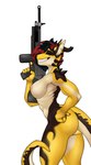 a_man_in_a_beasts_world amber_hellfire_(ghilliecamo) anthro areola assault_rifle bad_trigger_discipline big_breasts black_hair black_sclera breasts brown_body butt claws dragon ear_piercing female grin gun hair hi_res holding_gun holding_object holding_ranged_weapon holding_weapon horn looking_aside looking_at_viewer multicolored_body multicolored_hair mythological_creature mythological_scalie mythology nipples nude orange_eyes piercing ranged_weapon red_hair rifle scalie side_view simple_background smile solo spottedp_anda0046 tan_body two_tone_hair weapon white_background yellow_body