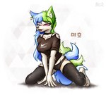 anthro artist_logo black_clothing black_panties black_underwear blue_hair bra_straps canid canine clothing english_text female fox fur geometric_background green_hair hair heterochromia hi_res legwear logo mammal multicolored_hair multicolored_tail nightfury2020 nike panties simple_background solo tail text thigh_highs tongue tongue_out underwear white_body white_fur