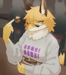 absurd_res anthro blonde_hair blue_eyes canid canine clothing eyewear female food fox fur furniture graphic_tee hair hi_res inside long_sleeve_shirt mammal motimotinotie neck_tuft shirt short_hair sitting solo sunglasses table takoyaki topwear true_fox tuft yaco_kitagawa