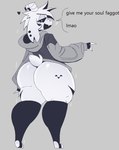 2024 2_horns aliasing ambiguous_gender anthro asriel_dreemurr_(god_form) big_butt binary_drawing black_clothing black_eyes black_leg_warmers black_legwear boss_monster_(undertale) bottomless bovid butt butt_markings caprine clothed clothing digital_drawing_(artwork) digital_media_(artwork) ear_piercing english_text eyelashes eyeliner fingers full-length_portrait fur goat grey_background grey_clothing grey_hoodie grey_topwear hair half-closed_eyes heart_symbol homophobic_slur hoodie horn huge_butt leg_warmers legwear looking_at_viewer looking_back looking_back_at_viewer makeup male_(lore) mammal markings narrowed_eyes open_mouth open_smile oversized_clothing oversized_hoodie oversized_topwear piercing portrait pupils rear_view scut_tail short_tail simple_background smile snout solo sparkles standing tail talking_to_viewer text thick_thighs topwear undertale undertale_(series) white_body white_fur white_hair white_pupils wide_hips xexeezy