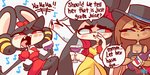 2020 2:1 3_fingers accessory anthro bandage beverage black_body black_clothing black_dress black_eyes black_fur black_hair black_hat black_headwear blush bottle bow_(feature) bow_accessory bow_ribbon breasts brown_body brown_fur brown_hair chelizi_(diives) chilean_flag cleavage clothed clothing container cup dialogue diives dress drinking_glass drunk english_text fangs female fingers fur gaghiel glass glass_container glass_cup group hair hair_accessory hair_bow hair_ribbon hat headgear headwear hi_res holding_bottle holding_container holding_glass holding_object lagomorph leporid looking_at_another mammal murid murine musical_note musical_symbol national_chilean_wine_day open_mouth pink_nose rabbit raised_leg rat red_bow red_clothing red_dress ribbons rodent sharp_teeth simple_background speech_bubble striped_body striped_fur stripes substance_intoxication symbol teeth text white_background white_inner_ear wine_bottle wine_glass xingzuo_temple yellow_clothing yellow_dress yellow_stripes zhima_(diives)