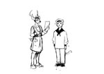 2022 anthro antlers black_and_white deer deer_admiral_(hladilnik) domestic_cat duo eyewear facial_hair felid feline felis glasses hi_res hladilnik horn male mammal marine monochrome pinniped sailor sailor_uniform ship's_catboy_(hladilnik) sideburns walrus