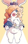 5:8 anthro big_breasts blonde_hair breasts clothing crown digital_media_(artwork) english_text female fur hair hair_over_eye headgear hi_res lagomorph leporid looking_at_viewer mammal mario_bros mario_plus_rabbids_sparks_of_hope nintendo one_eye_obstructed rabbid rabbid_rosalina raving_rabbids rayman_(series) simple_background smokedsoul35 solo standing text thick_thighs ubisoft wide_hips