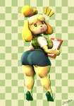 2024 3d_(artwork) absurd_res animal_crossing anthro big_breasts big_butt biped breasts butt canid canine canis checkered checkered_background clothed clothed_anthro clothed_female clothing digital_media_(artwork) domestic_dog english_text female female_anthro footwear full-length_portrait green_clothing green_footwear green_high_heels handwritten_text hi_res high_heels huge_breasts huge_butt imdajasperbaby isabelle_(animal_crossing) looking_at_viewer looking_back looking_back_at_viewer mammal muscular muscular_thighs nintendo pattern_background plantigrade portrait pose shaded shoes signature simple_background soft_shading solo surprised_expression text three-quarter_view