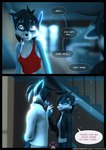 3d_(artwork) anthro black_hair blue_body blue_fur bottomwear clothing comic dancing dialogue digital_media_(artwork) english_text felix_(striped_sins) female fur ghostly hair hand_holding hi_res imagination jacket leather leather_clothing leather_jacket leather_topwear mammal markings midriff pants procyonid purple_eyes raccoon ryder_(striped_sins) sad shirt solo speech_bubble striped_markings striped_sins striped_tail stripes subconscious t-shirt tail tail_markings talking_to_self tank_top text topwear url willitfit