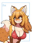 anthro big_breasts bikini blush bow_bikini breasts canid canine clothing collarbone dipstick_ears dipstick_tail ear_markings eyebrows eyelashes female fox fur gloves_(marking) hair inner_ear_fluff mammal markings moo_seon multicolored_ears orange_body orange_fur orange_hair red_bikini red_clothing red_swimwear solo swimwear tail tail_markings tan_body tan_fur tuft two-piece_swimsuit