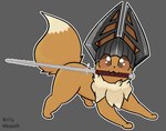 4_toes :3 ambiguous_gender anthro armor blade brown_body brown_fur canid canine clothing digital_media_(artwork) eevee feet flamberge fluffy fur generation_1_pokemon grey_background hat headgear headwear helmet holding_object holding_weapon looking_at_viewer mammal melee_weapon nintendo paws pokemon pokemon_(species) shaded simple_background smile smiling_at_viewer solo sword sword_in_mouth toes visor visor_cap visor_helmet weapon wotty zweihander