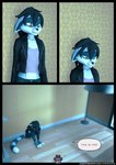 3d_(artwork) anthro black_hair blue_body blue_fur clothing comic dialogue digital_media_(artwork) female fur hair hi_res jacket leather leather_clothing leather_jacket leather_topwear mammal procyonid purple_eyes raccoon ryder_(striped_sins) sad shirt solo speech_bubble striped_sins t-shirt text topwear url willitfit