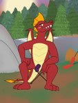 3:4 3_toes aaron_amethyst absurd_res anthro arm_on_leg camping camping_tent canoe dragon fangs feet flaccid freckles friendship_is_magic garble_(mlp) genitals hasbro hi_res looking_at_viewer male my_little_pony mythological_creature mythological_scalie mythology nude oar penis plant purple_penis red_body scalie sitting solo teeth toes tree vehicle water watercraft wings