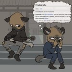 1:1 aggretsuko anthro brother_(lore) brothers_(lore) clothing duo english_text eyewear glasses guitar haida_(aggretsuko) hi_res homunculus100 hoodie humor hyena imminent_murder jiro_haida_(aggretsuko) male mammal musical_instrument plucked_string_instrument sanrio sibling_(lore) sitting spotted_hyena string_instrument text thought_bubble topwear underflowing_text wikipedia