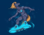 2013 5:4 abstract_background anthro barcode biped blonde_hair blue_background blue_eyes e621 equid equine fur glowing grey_body grey_fur hair hi_res horse hoverboard looking_at_viewer male mammal mascot nude outside simple_background solo standing surfer surfing wiredhooves