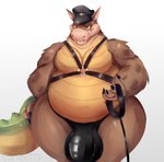 2020 activision anthro belly big_bulge bulge canid canine canis clothed clothing collar crash_bandicoot_(series) crocodile crocodilian detailed_bulge digital_media_(artwork) dingo dingodile fur genital_outline hat headgear headwear hi_res huge_bulge hybrid leather_daddy male mammal overweight overweight_anthro overweight_male penis_outline reptile sad_tomato scalie simple_background solo teeth underwear