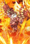 abs anthro back_wings bandai_namco beak biceps blonde_hair brown_body brown_feathers bulge digimon digimon_(species) feathers fire garudamon guzu_kuo hair hi_res male mask muscular muscular_anthro muscular_male pecs solo wings