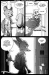 2017 aloha_shirt anthro backpack borba canid canine clothed clothing comic dialogue disney doorknob duo english_text female fox fur hi_res judy_hopps key keychain lagomorph leporid male mammal monochrome nick_wilde pattern_clothing pattern_shirt pattern_topwear rabbit red_fox screentone shirt speech_bubble text topwear true_fox zootopia