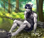 abs anthro athletic athletic_anthro athletic_male bedroom_eyes bottomwear claws clothed clothing domestic_cat felid feline felis forest forest_background male mammal muscular narrowed_eyes nature nature_background pecs pize plant river seductive serratus shorts solo tree wet wet_clothing