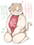 anthro barefoot blush brown_body brown_fur clothing comic covering covering_crotch covering_self domestic_cat elderly elderly_female embarrassed erect_nipples excited feet felid feline felis female fur grandmother_(lore) grandparent_(lore) hebokun in_heat japanese_text liver_spots mammal mature_female nipple_outline nipples one-piece_swimsuit overweight overweight_female shaking sitting_on_knees solo swimwear text translated white_body white_fur wrinkles