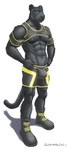 2019 5_fingers abs anthro arm_strap bedroom_eyes black_body black_fur black_nose boots bottomwear bulge cheek_tuft chest_harness clothing digital_drawing_(artwork) digital_media_(artwork) facial_tuft felid fingers footwear fur green_eyes half-closed_eyes hands_on_hips harness looking_at_viewer male mammal muscular muscular_anthro muscular_male narrowed_eyes navel neoprene nipples pantherine pecs pink_nipples pose rubber_clothing sampsonwoof seductive serratus shaded shoes shorts signature simple_background smile soft_shading solo standing tail tight_clothing tuft whiskers white_background